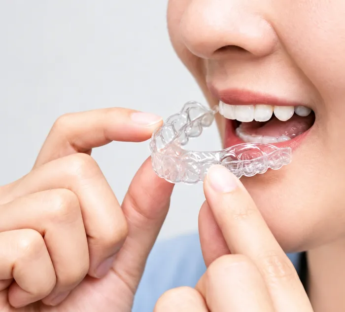 A person placing a clear orthodontic retainer over their teeth